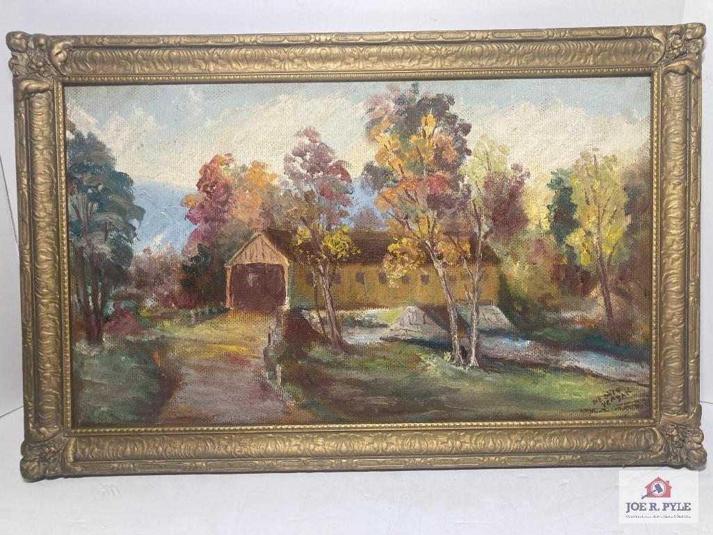 Oil on board signed Veasak "Covered bridge"