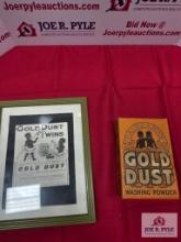 Box of vintage Gold Dust Washing Powder with Gold Dust paintings and signs