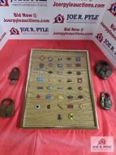 Railroad related pins and 4 old locks
