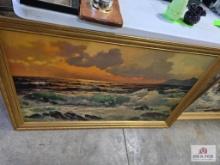 Three large framed prints and a collection of records