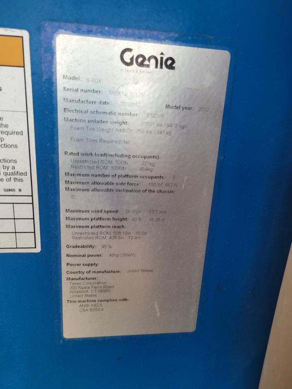2012 Genie S60X Basket Lift