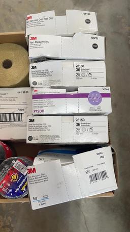 BOX OF MISC SANDPAPER DISCS AND ELECTRICAL TAPE