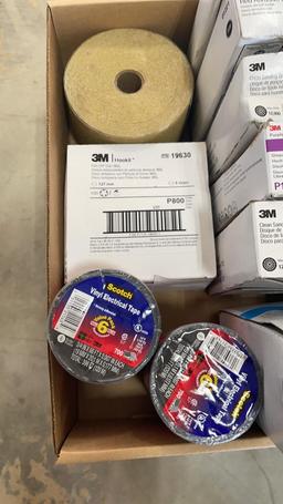BOX OF MISC SANDPAPER DISCS AND ELECTRICAL TAPE
