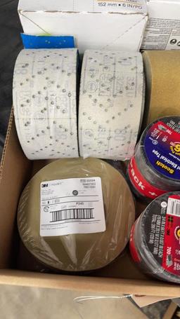 BOX OF MISC ELECTRICAL TAPE AND SAND PAPER