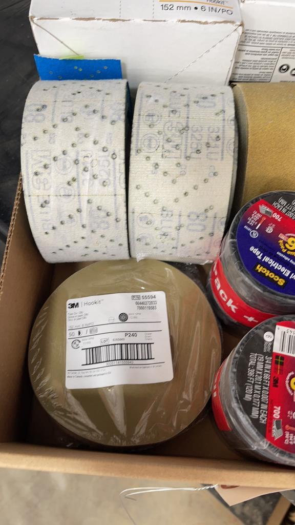 BOX OF MISC ELECTRICAL TAPE AND SAND PAPER