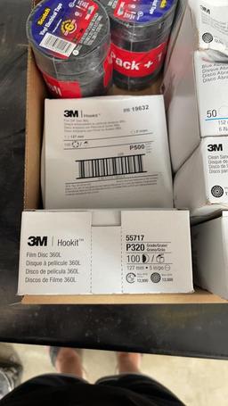 BOX OF MISC SANDPAPER AND ELECTRICAL TAPE