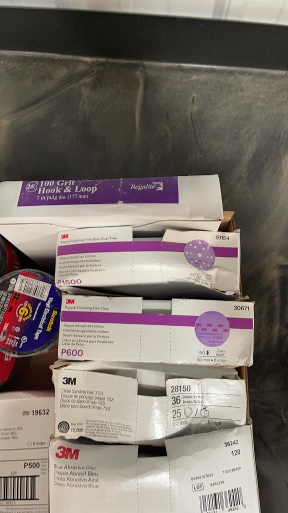 BOX OF MISC SANDPAPER AND ELECTRICAL TAPE