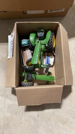 BOX OF JOHN DEERE TRACTORS & MISC TOYS