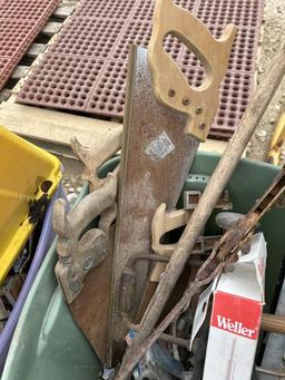 TOTE W/ MISCELLANEOUS SAWS & TOOLS