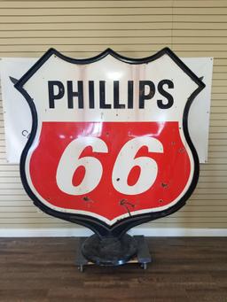 "PHILLIPS 66" Double sided porcelain sign with steel frame and base. Approximately 72"X71"