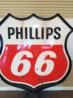 "PHILLIPS 66" Double sided porcelain sign with steel frame and base. Approximately 72"X71"