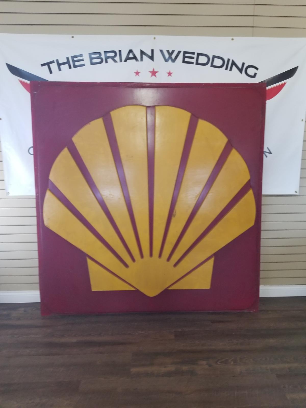 "SHELL" Plastic single sided sign. Has a small crack from lip out onto body near the shell. 74"x75"
