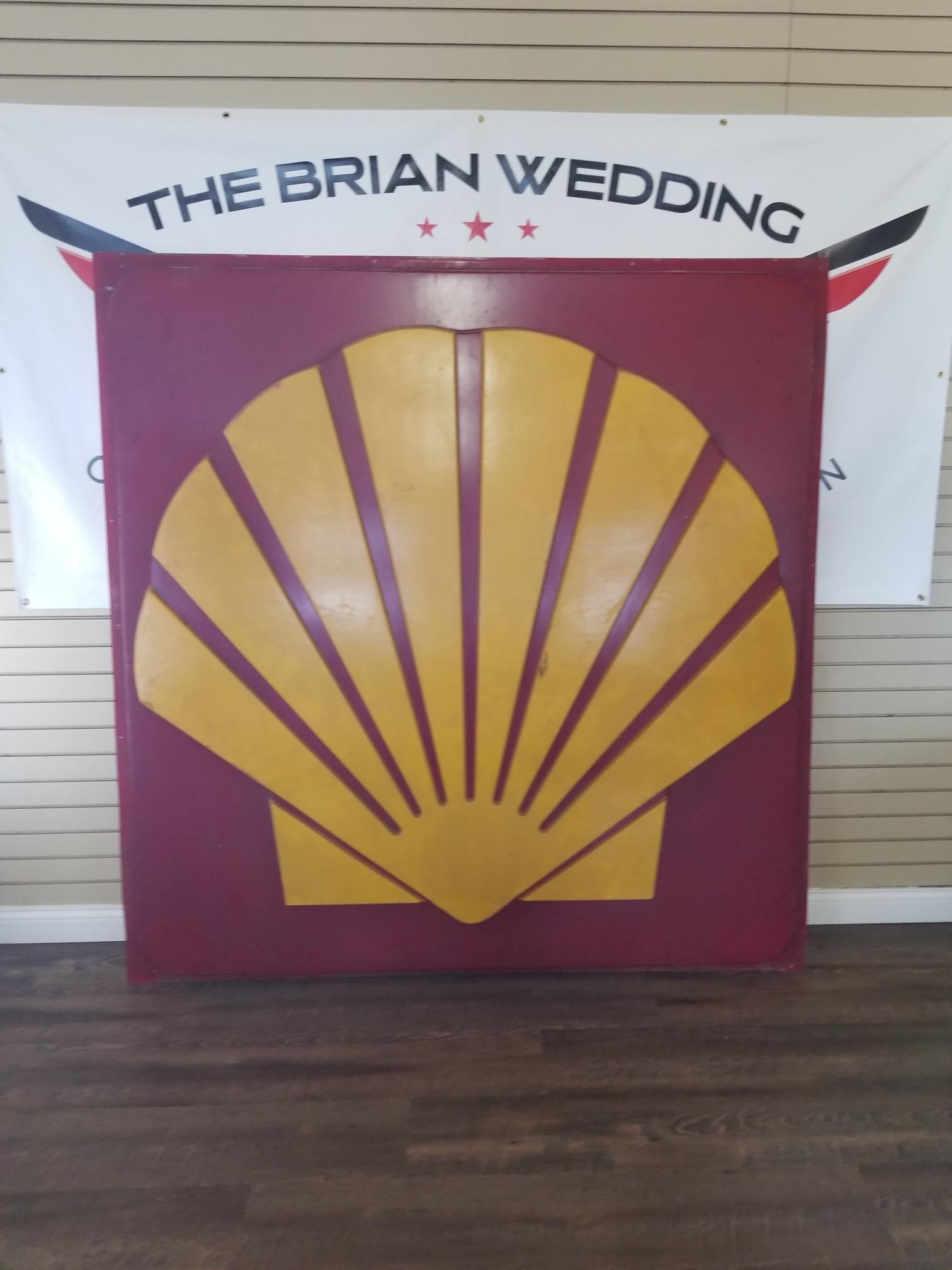 "SHELL" Plastic single sided sign. Has a small crack from lip out onto body near the shell. 74"x75"
