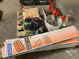 A PALLET OF, SHOP LIGHTS, GROUND FLAGS, BOX OF MISC