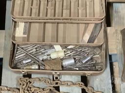 A PALLET OF, PULLERS, DRILL BITS, SEMI TIRE DOLLY