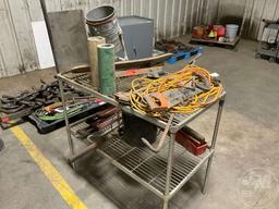 2 SHELF METAL RACK, BOLT CUTTERS, EXTENSION CORD, BUCKET OF