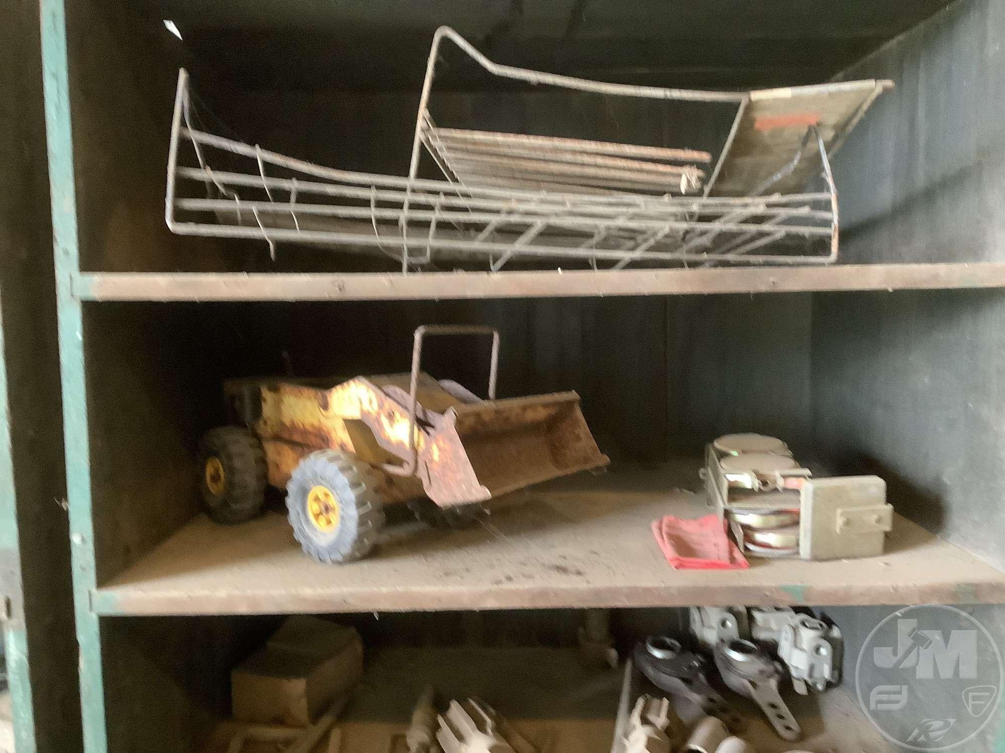 2 SHELFS AND CONTENTS , TONKA TRUCKS, TONKA WHEEL LOADERS,