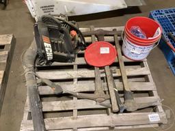 A PALLET OF, ECHO BACK PACK BLOWER, LONG HANDLED PICKS,