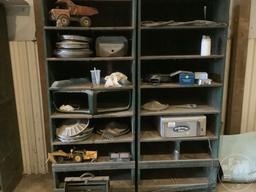 2 SHELFS AND CONTENTS OF 2 SHELFS, TONKA TRUCK, HUB