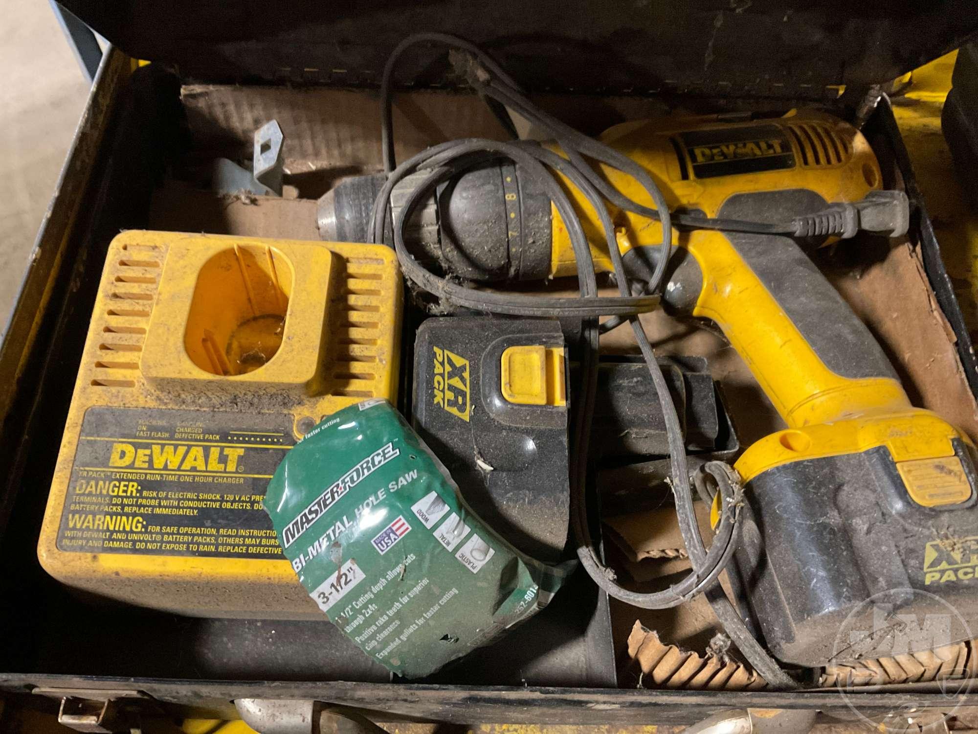 DEWALT CORDLESS DRILLS, RECIPROCATING SAW, BATTERIES, CHARGER, CAT JUMP PACK,