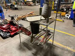 2 SHELF METAL RACK, BOLT CUTTERS, EXTENSION CORD, BUCKET OF