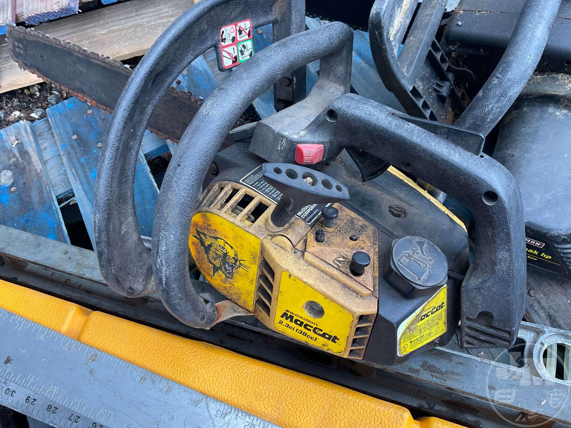 CRAFTSMAN ELECTRIC CHAINSAW, MCCULLACH MACCAT GAS CHAINSAW, LEVELS, SQUARES, TOOLBOX,