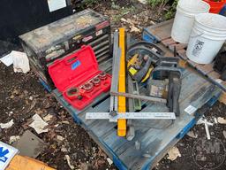 CRAFTSMAN ELECTRIC CHAINSAW, MCCULLACH MACCAT GAS CHAINSAW, LEVELS, SQUARES, TOOLBOX,