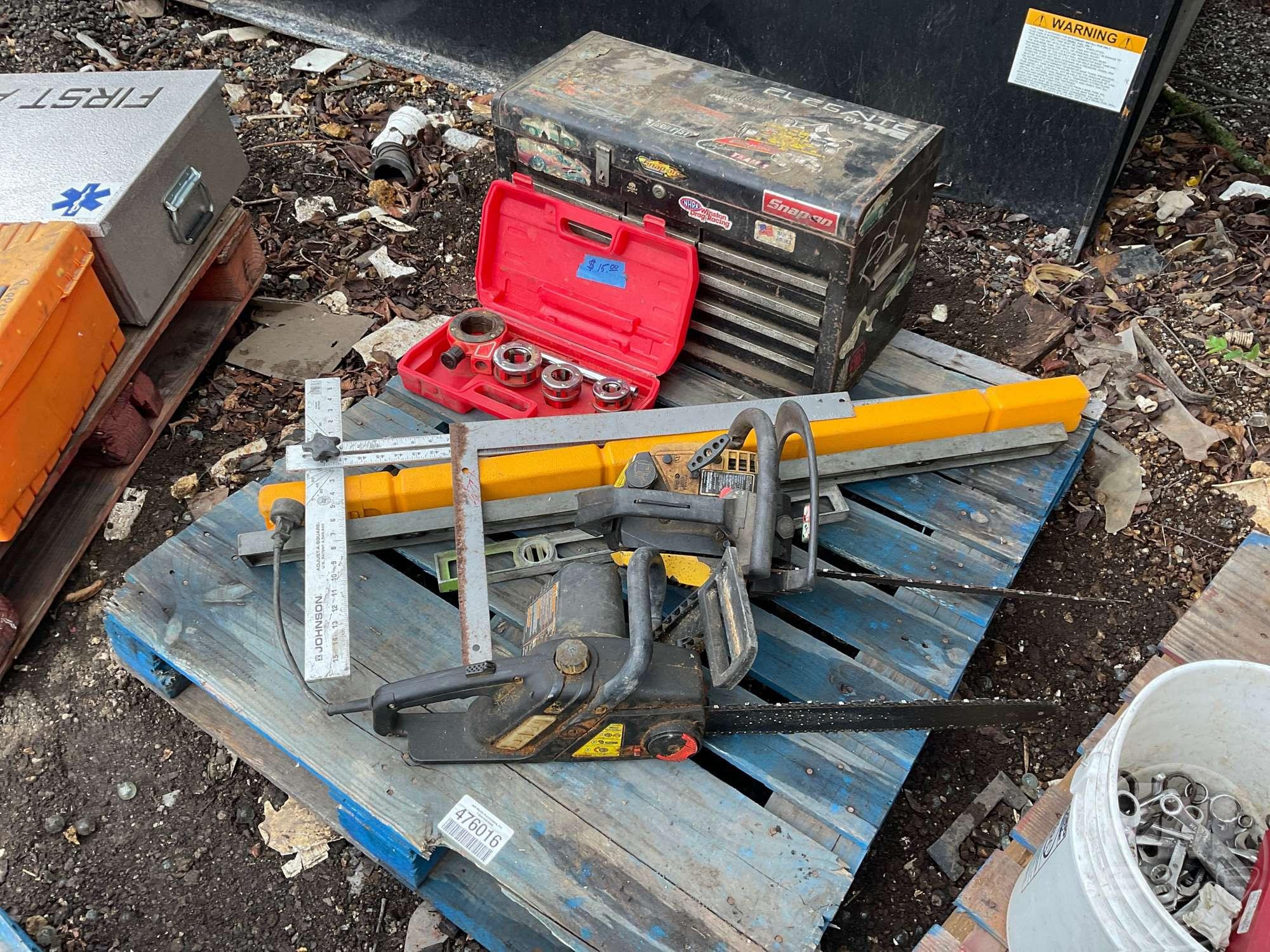 CRAFTSMAN ELECTRIC CHAINSAW, MCCULLACH MACCAT GAS CHAINSAW, LEVELS, SQUARES, TOOLBOX,