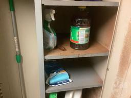 DOUBLE DOOR METAL CABINET, WITH CONTENTS, IN MENS RESTROOM