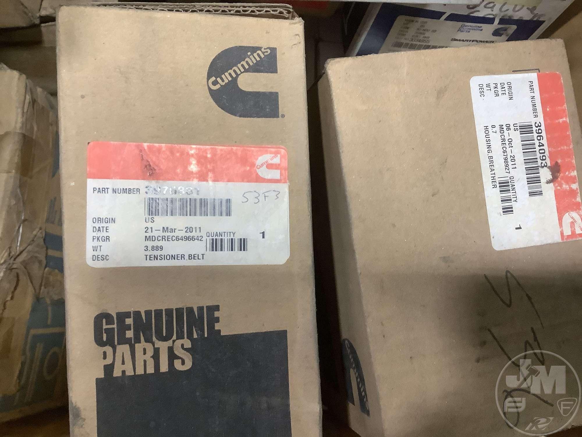MUD FLAPS, BOX WITH CUMMINS PARTS, PARTS SHELF
