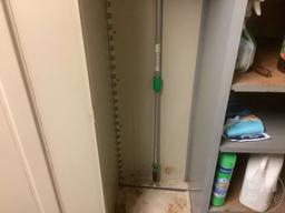 DOUBLE DOOR METAL CABINET, WITH CONTENTS, IN MENS RESTROOM