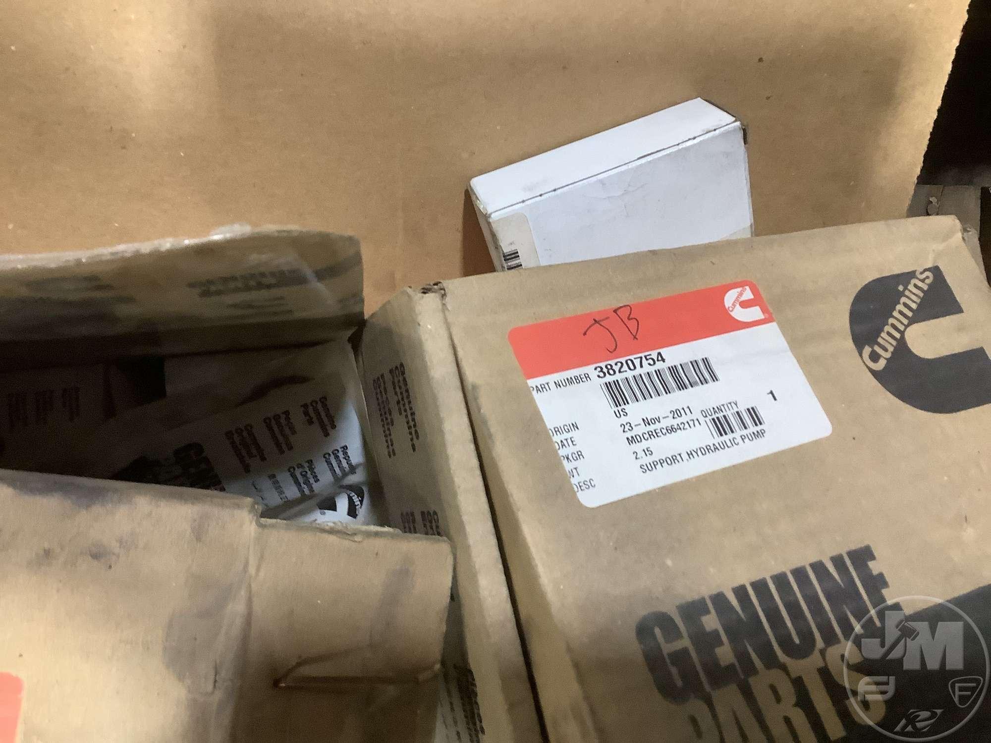 MUD FLAPS, BOX WITH CUMMINS PARTS, PARTS SHELF