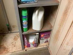 DOUBLE DOOR METAL CABINET, WITH CONTENTS, IN MENS RESTROOM