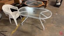 Metal Glass Oval Patio Table W/ 3 Plastic Chairs