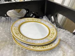 23 Crates: Dinner Plates, Salad Plates, and Cups Gilt Decorated