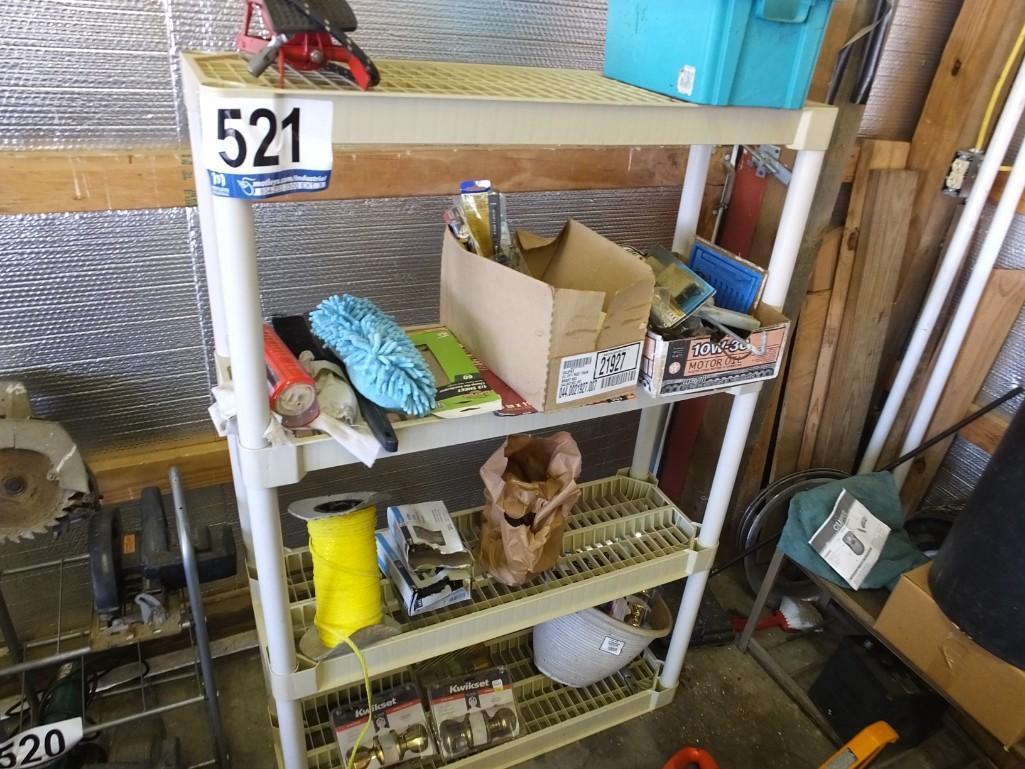 Shelf Unit with Contents: Locksets, Air Pump, Duster, Etc.