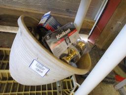 Shelf Unit with Contents: Locksets, Air Pump, Duster, Etc.