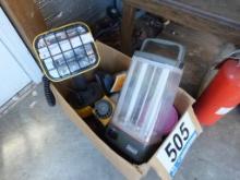 Box Lot: (2) Area Lights, Bit Sharpener, Stud Finder, Etc.