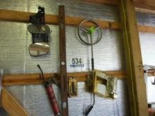 Wall Lot: Measure Wheel, Grease Guns, Pruning Saw, Etc.