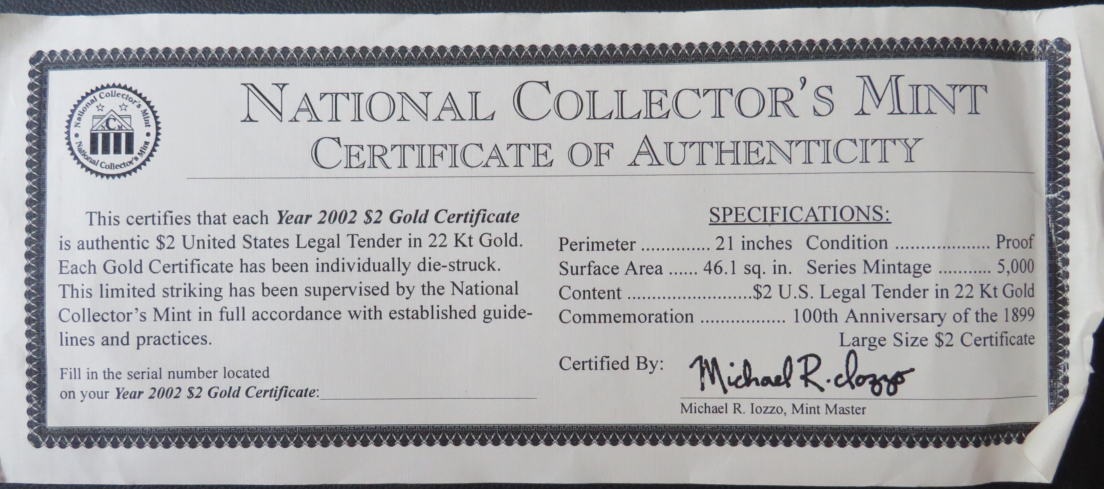 2002- Large $2 Gold Certificate