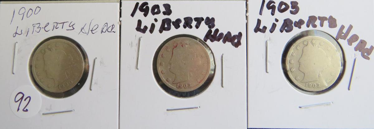 1900 & (2) 1903 Liberty Head 'V' Nickel