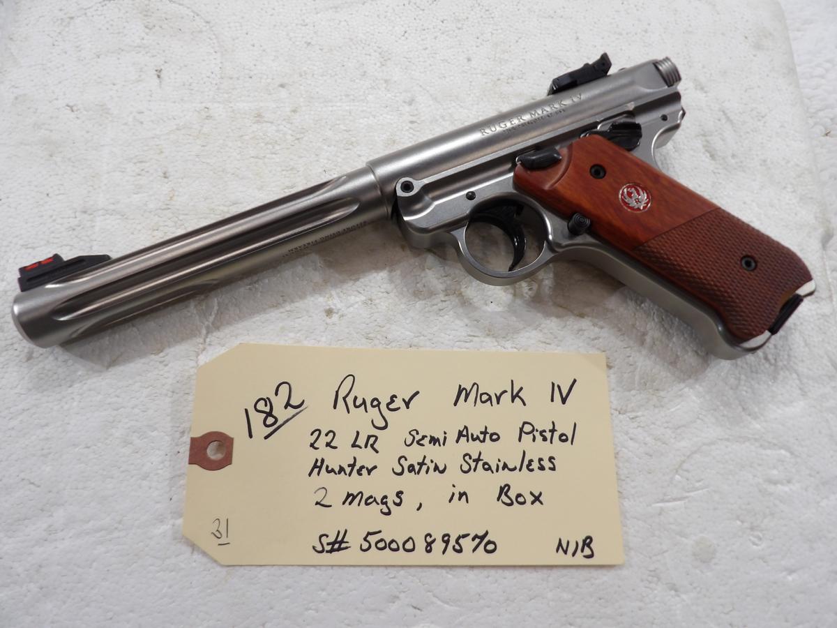 Ruger Mark IV 22 LR Semi-Auto Pistol Hunter Satin Stainless w/Futed 6 7/8" Barrel 2 Mags, NIB