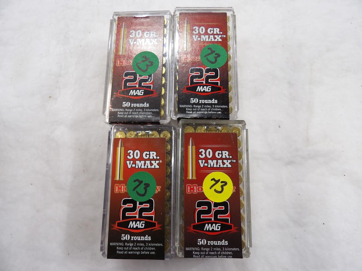 200 Rds 4 Boxes Hornady 22 Mag 30 gr V-Max