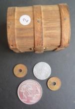 (2) Chinese/Japanese Coins, (2) Tokens and a Wooden Chest