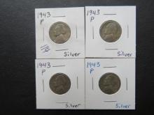 (4) 1943-P Silver WW2 era Jefferson Nickels