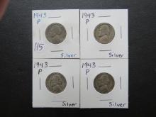(4) 1943-P Silver WW2 era Jefferson Nickels