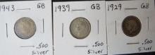 1929, 1939, 1943- Great Britain Silver 6 Pence