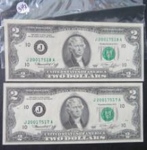 (2) 1976 $2 Bills, Consecutive Serial Number