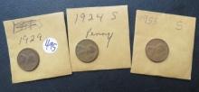 1929, 1924-S, 1955-S Lincoln Pennies