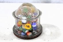 Glass jar bank W/marbles  -advertising